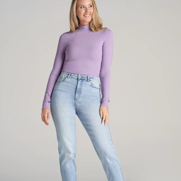 Uniqlo Ribbed Glitter High Neck LongSleeve T-Shirt Lavender Scalloped Size Small - Picture 2 of 8
